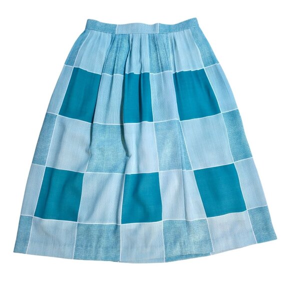 Dresses & Skirts - Vintage Mid Century Pleated Blue Checkered Pattern Knee Length Lined Skirt S/M